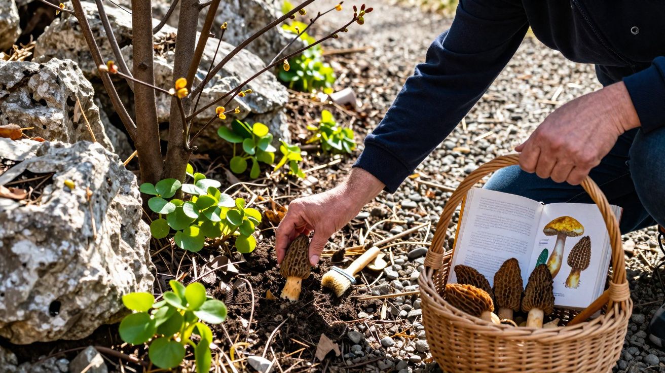 Pessoa a colher cogumelos maislados junto a plantas e pedras, com cesto contendo cogumelos e livro aberto.