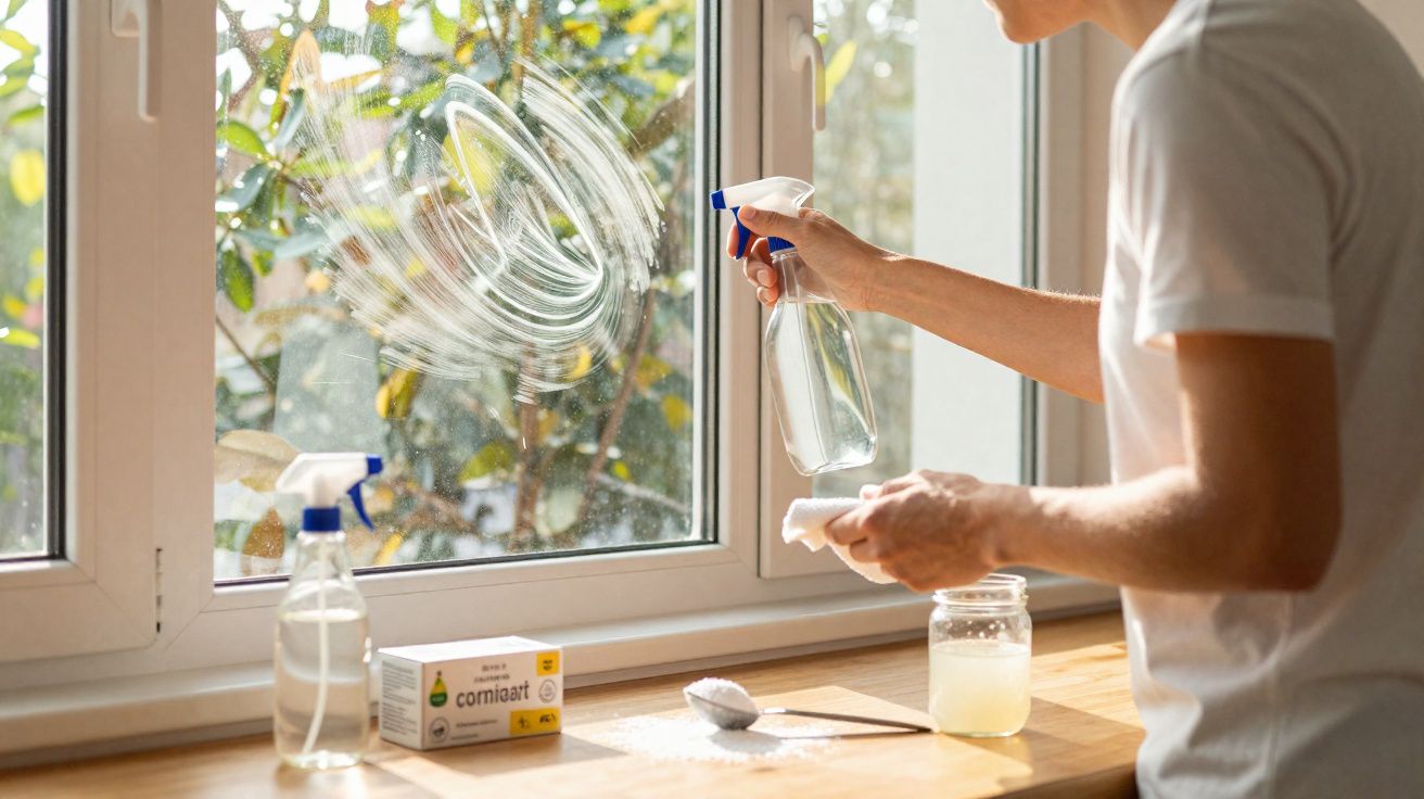 Pessoa a limpar uma janela com um spray e um pano, com produtos de limpeza na bancada junto à janela.