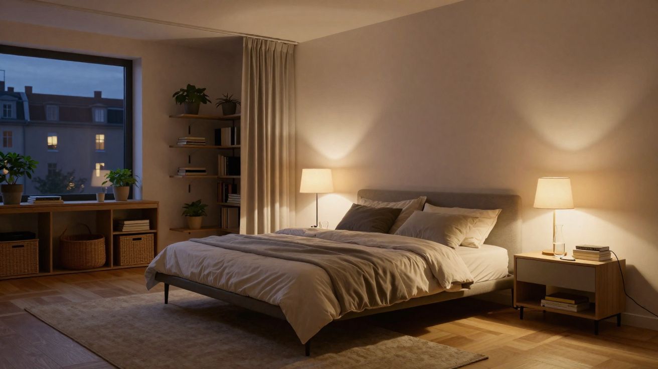 Quarto moderno e acolhedor com cama grande, iluminação suave, janela ampla e plantas decorativas à noite.