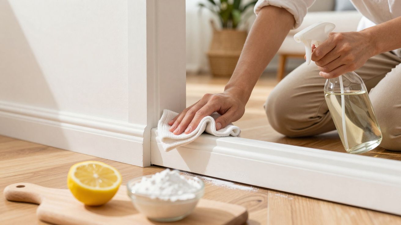 Pessoa a limpar uma porta com pano, spray de limpeza e ingredientes naturais sobre a mesa.