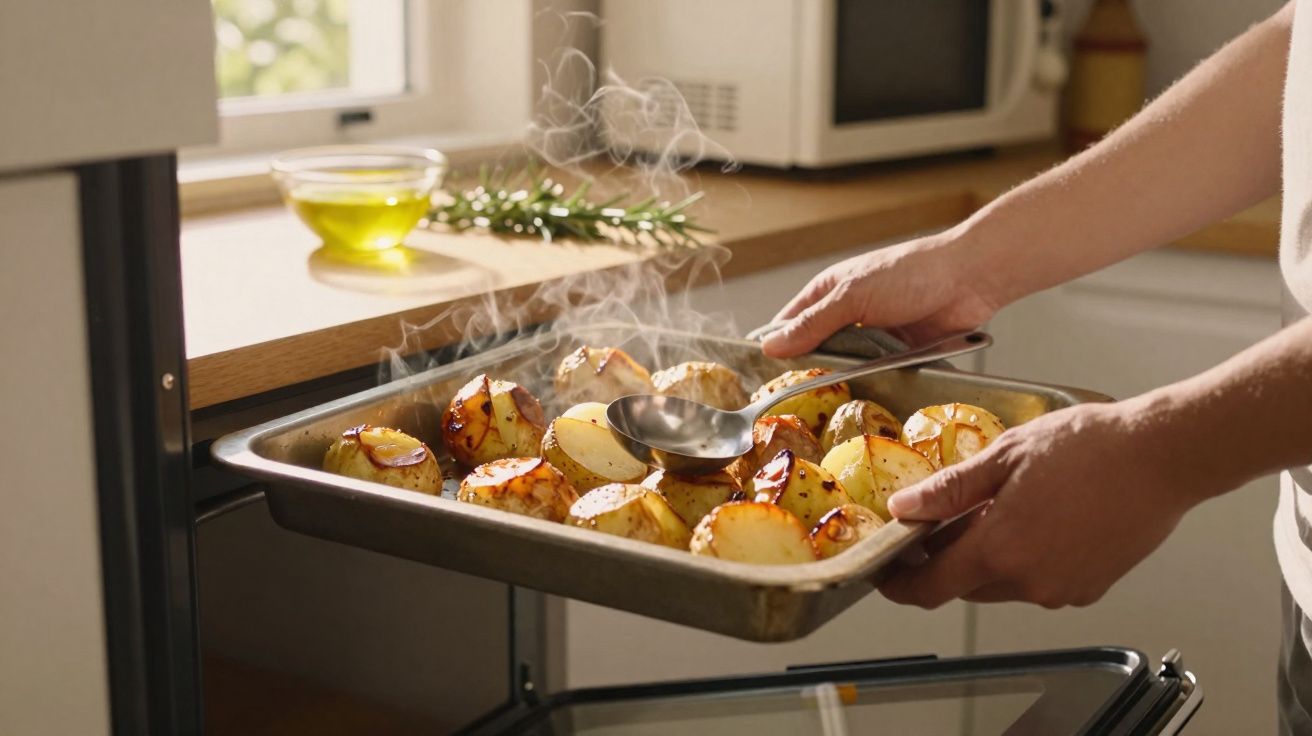 Pessoa a retirar batatas assadas fumegantes do forno com uma colher de servir na cozinha.