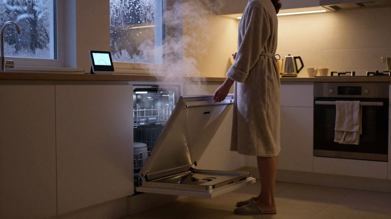 Pessoa de robe branco a abrir máquina de lavar loiça a vapor numa cozinha moderna à noite.