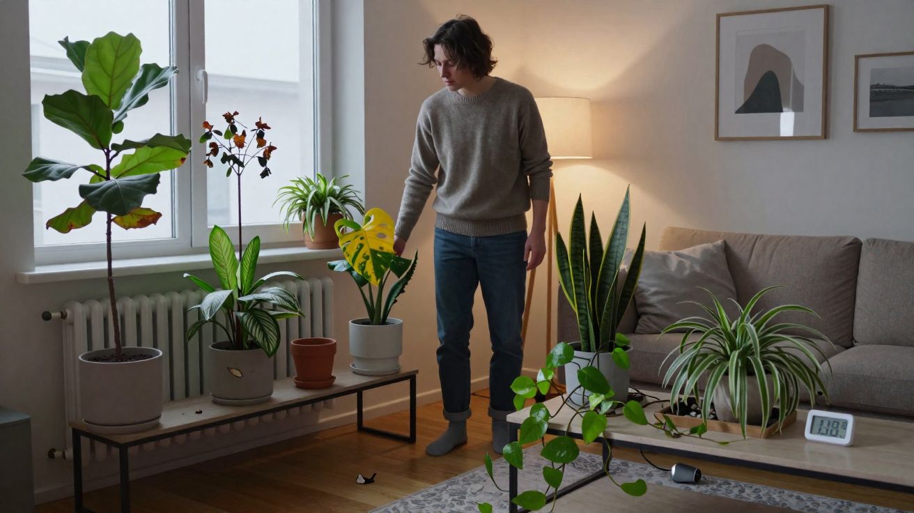 Homem rega plantas de interior numa sala de estar luminosa com sofá e decoração minimalista.
