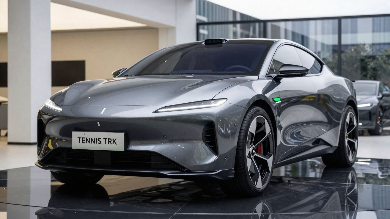 Carro elétrico cinzento Tesla Tennis TRK estacionado em interior moderno com chão espelhado.