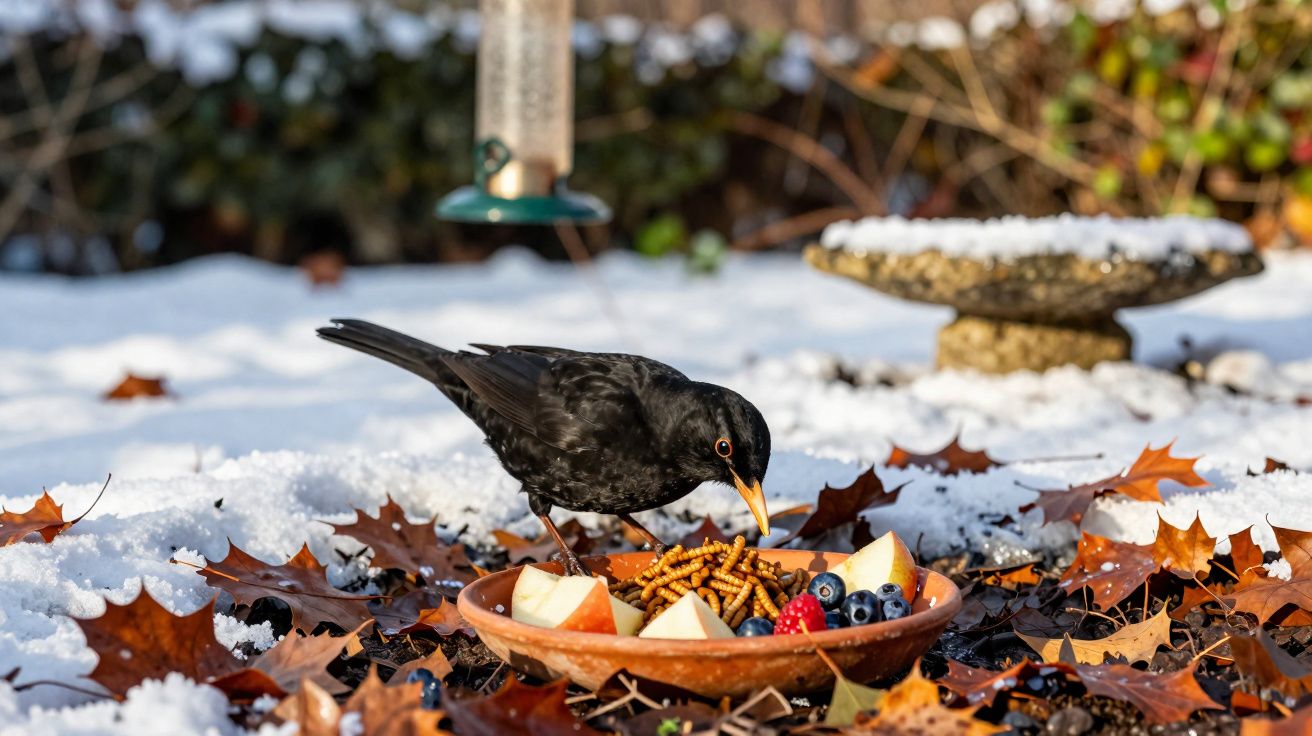 Pássaro preto a alimentar-se em prato com frutos e larvas, no chão coberto de neve e folhas secas.