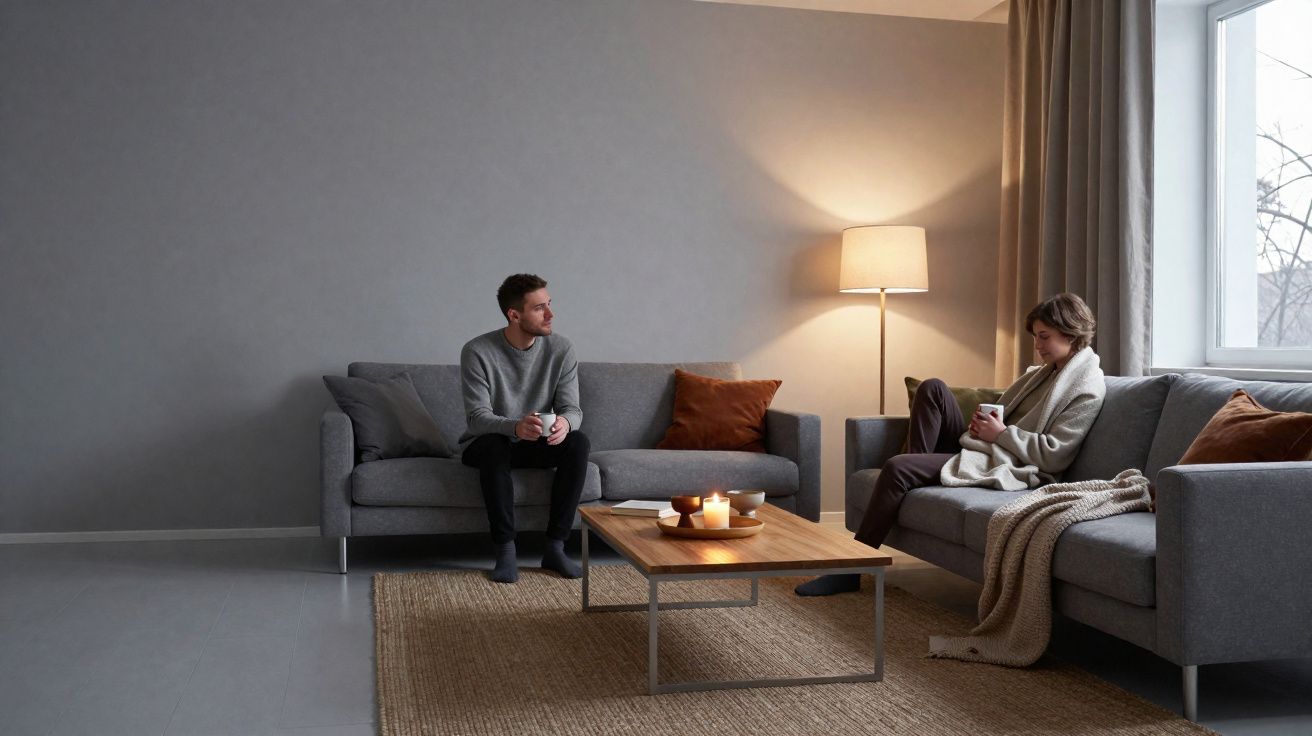 Homem e mulher sentados em sofás cinzentos numa sala acolhedora com iluminação suave e velas acesas na mesa.