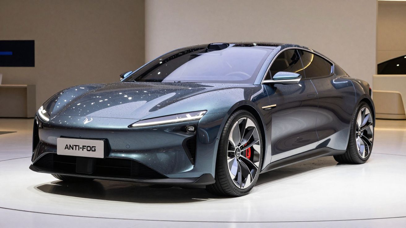 Carro elétrico desportivo cinza metálico com design aerodinâmico e jantes modernas numa exposição.