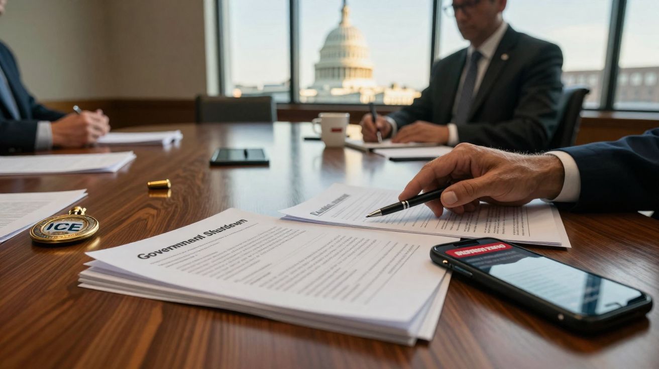 Reunião formal com documentos, smartphone e distintivo ICE sobre mesa de madeira frente ao Capitólio dos EUA.