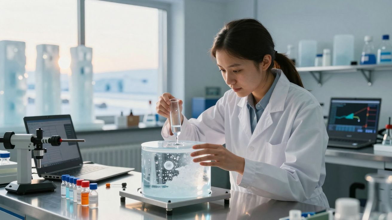 Cientista em bata branca a realizar experimento com líquido e equipamento num laboratório moderno.