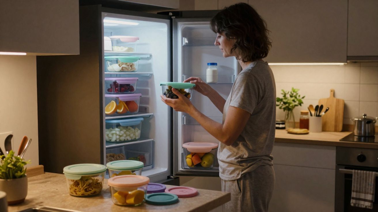 Mulher a guardar recipientes com alimentos no frigorífico numa cozinha moderna e iluminada.