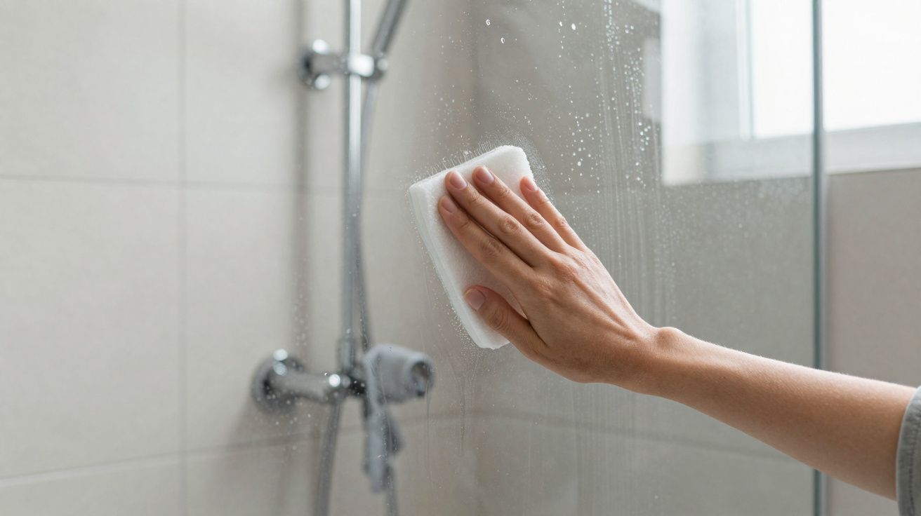 Mão a limpar vidro da cabine de duche com esponja branca num banho moderno.