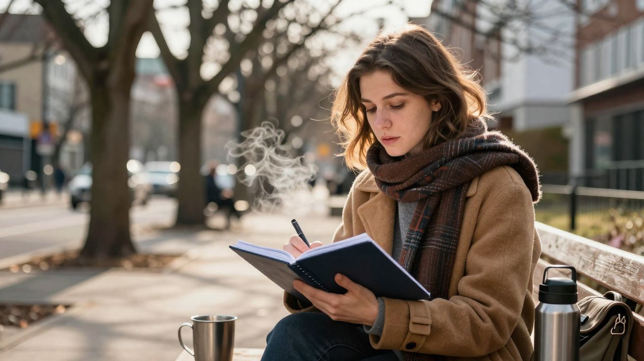 Mulher sentada num banco de parque, a escrever num caderno, com chá quente e agasalhada num dia frio.