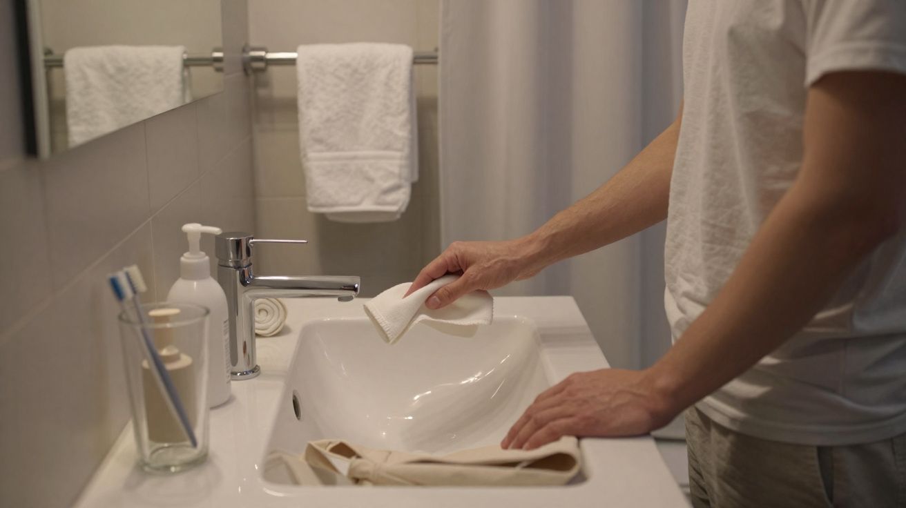 Pessoa a limpar uma pia branca com toalha num banheiro minimalista com produtos de higiene à vista.
