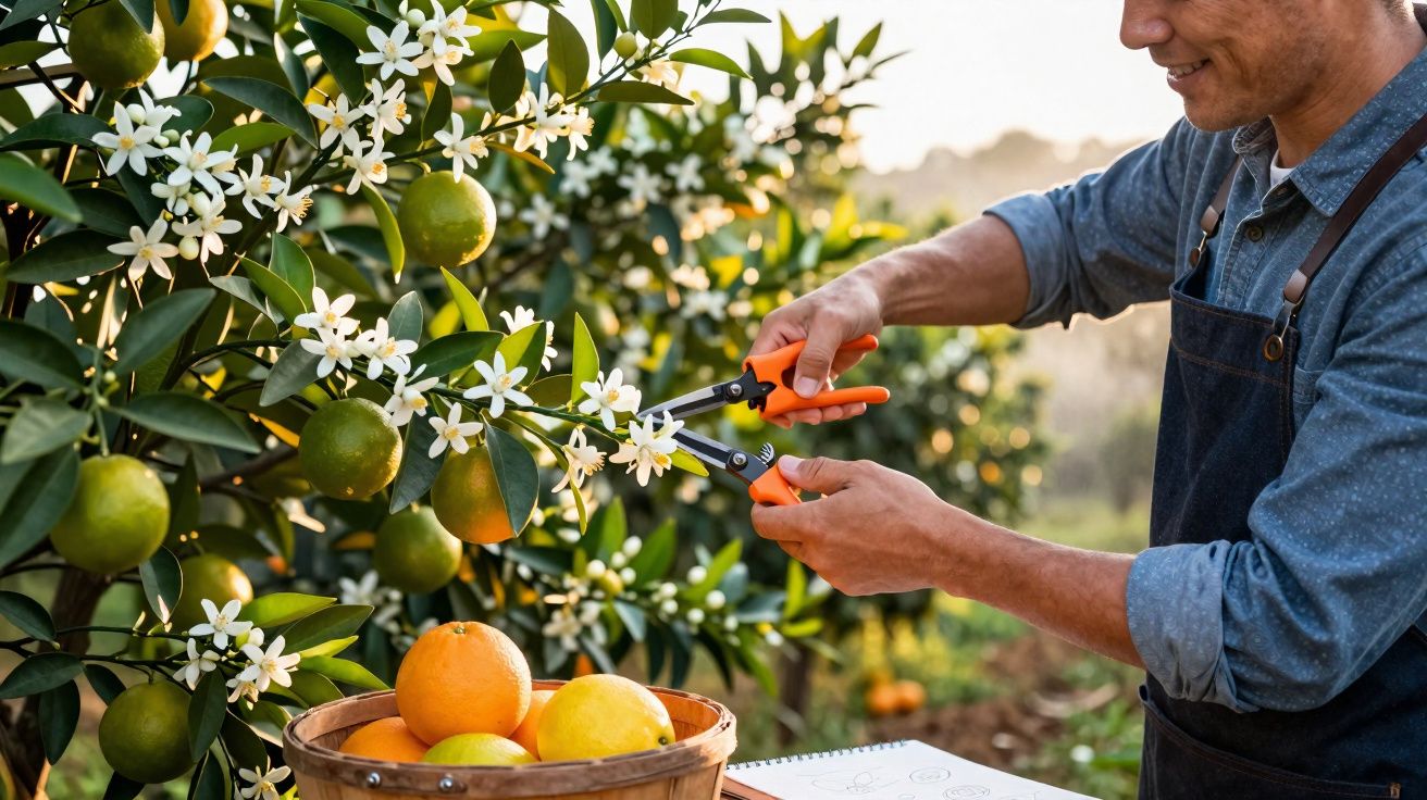 Homem a podar flores de laranjeira com tesoura laranja, ao lado de cesta com frutas no pomar.