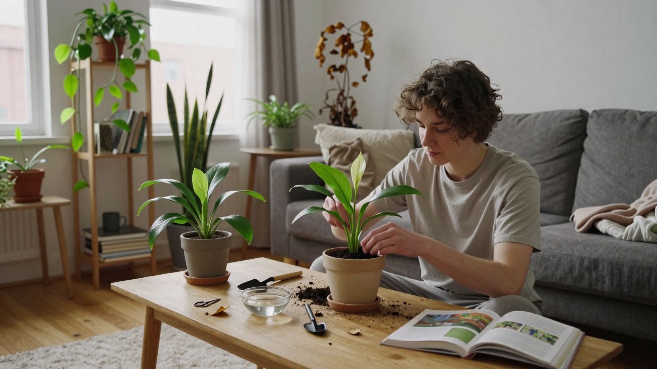 Pessoa a cuidar de plantas em vaso numa mesa de madeira numa sala de estar iluminada e acolhedora.