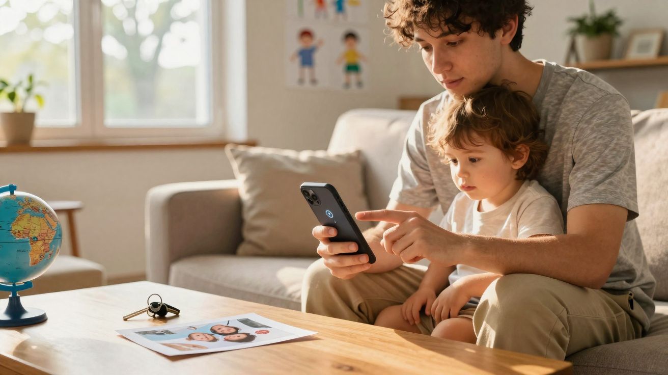Homem e criança sentados no sofá a olhar para um smartphone numa sala iluminada.