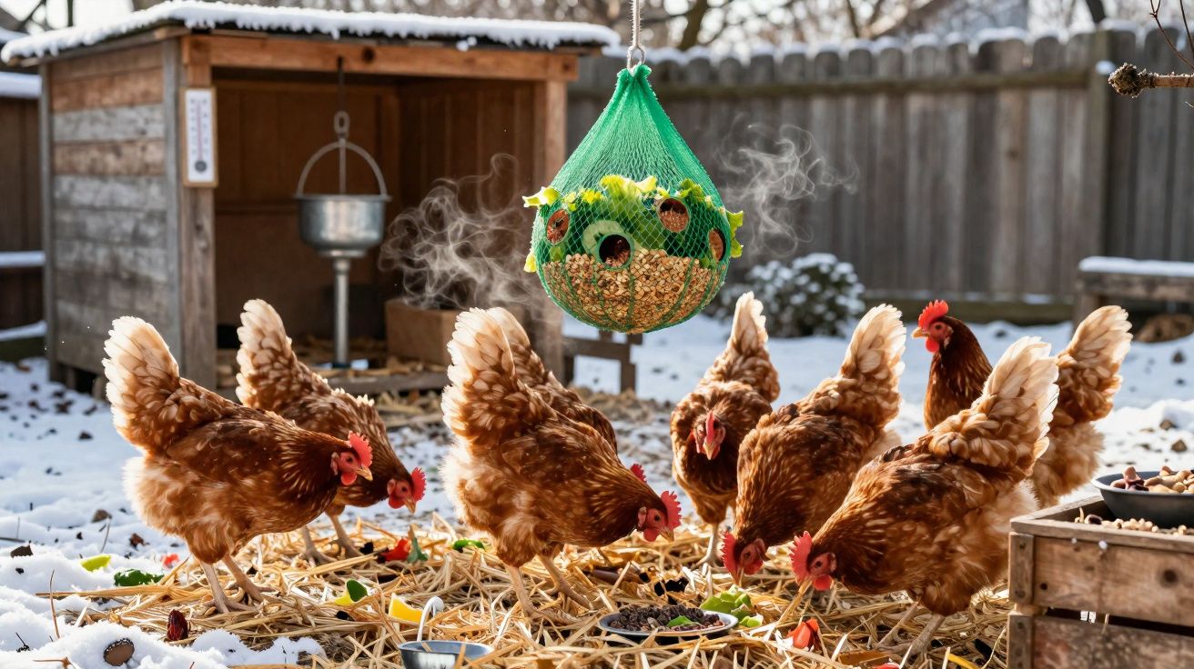 Galinha a comer num pátio com neve, ao lado de um comedouro suspenso verde com sementes.