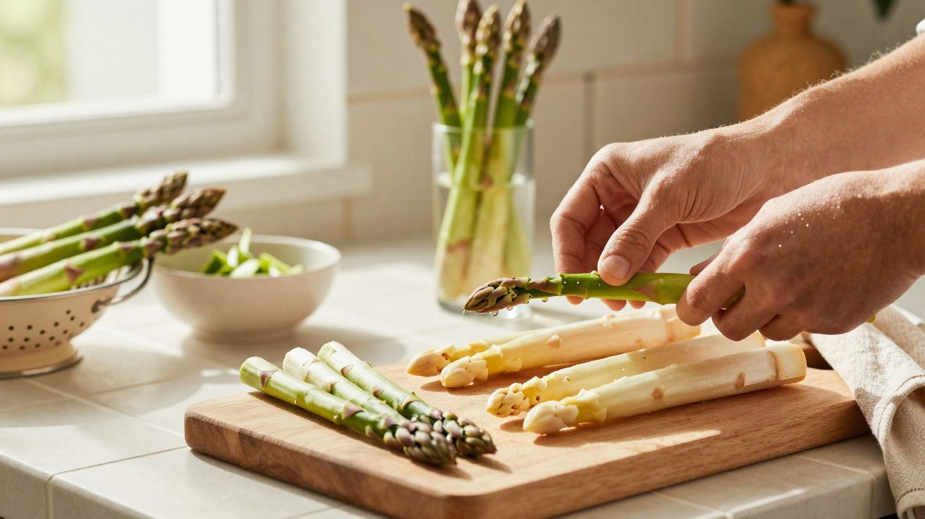 Mãos a limpar espargos verdes e brancos sobre uma tábua numa cozinha iluminada.
