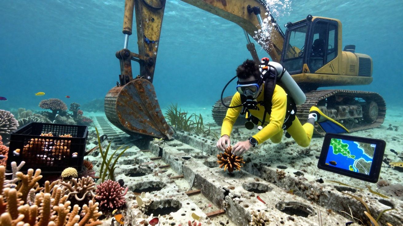 Mergulhador a restaurar recife de coral junto a escavadora submersa e equipamento de mapeamento marinho.