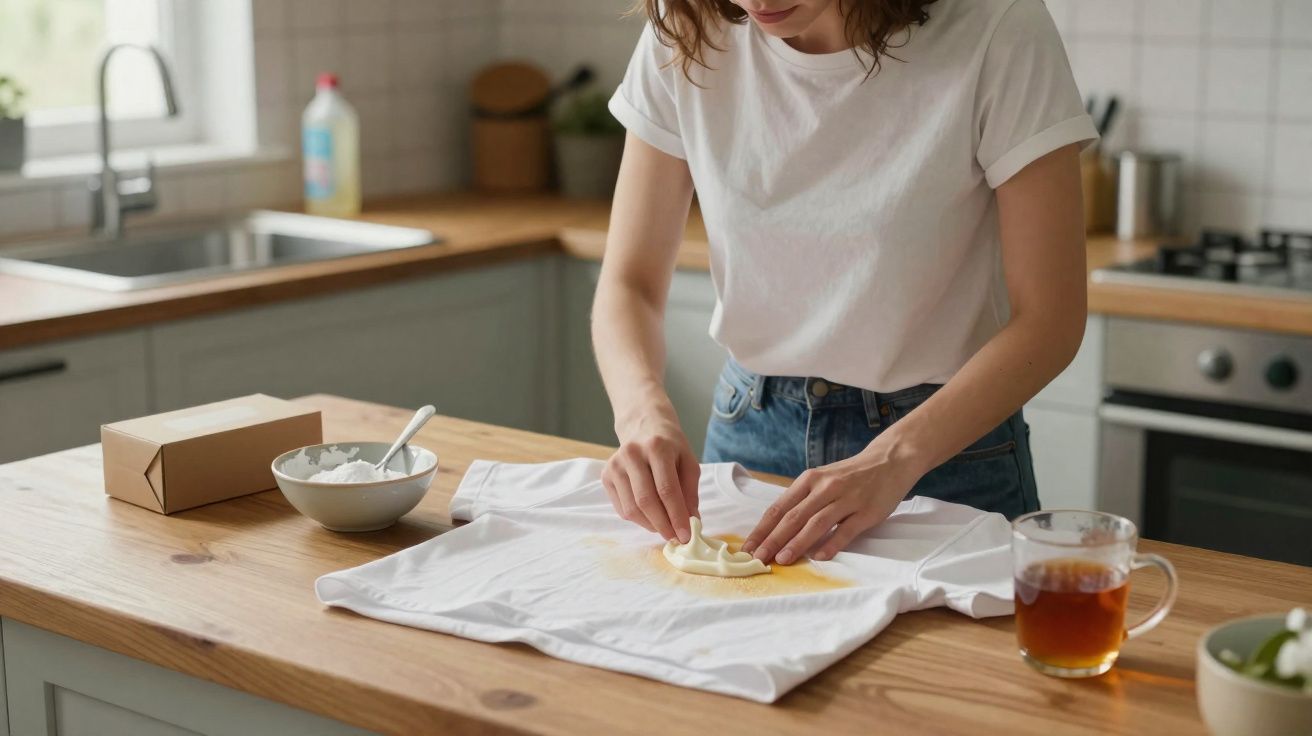 Mulher a remover nó de nó de nó de nó de nó de nó de nó de nó de nó de nó de nó de nó com vinagre branco numa t-shirt branca.