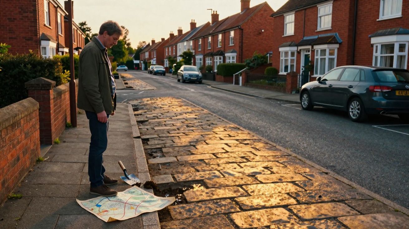 Homem em rua residencial olha para um mapa no chão ao lado de uma marreta e calçada levantada.