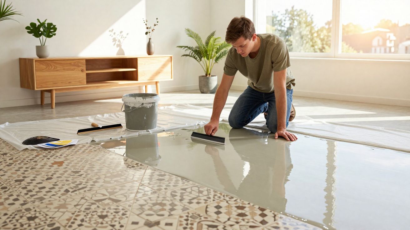 Homem aplica resina epóxi transparente sobre chão com azulejos decorativos numa sala iluminada.