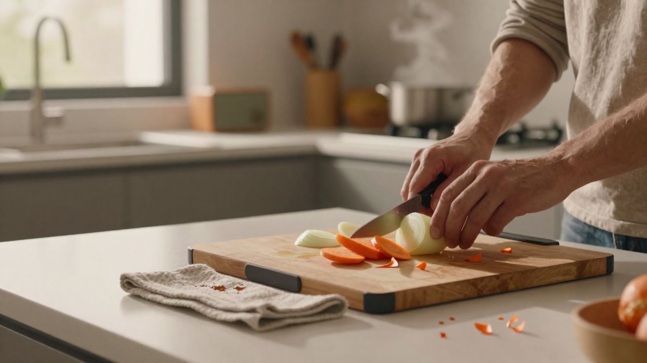 Mãos a cortar cebola e cenoura numa tábua de madeira numa cozinha moderna e luminosa.