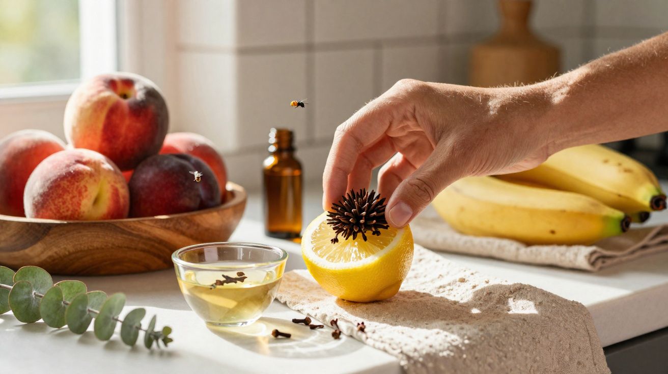 Mão crava cravos num limão ao lado de frutas frescas, chá e alecrim numa cozinha luminosa.
