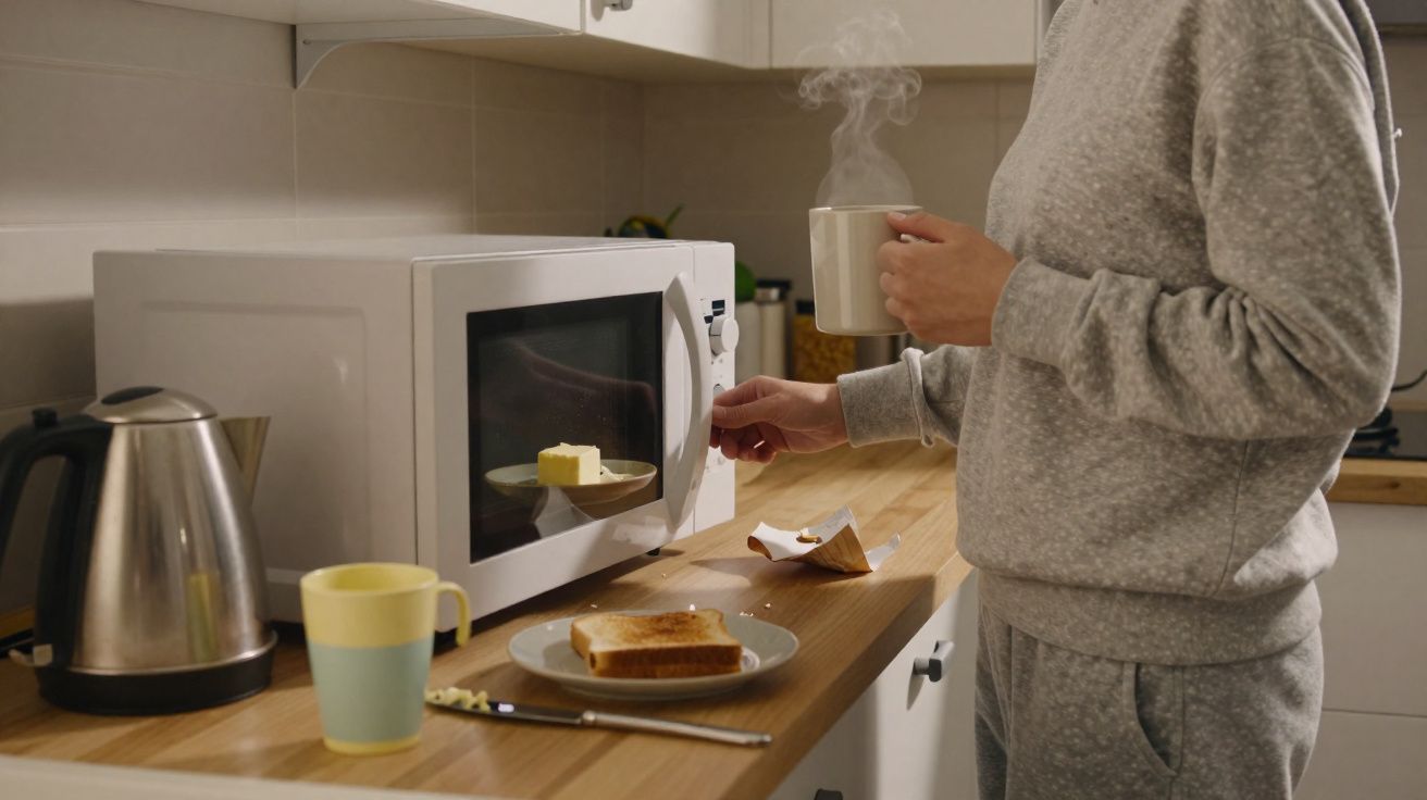 Pessoa a aquecer manteiga no micro-ondas numa cozinha, com chávena a fumegar na mão e torrada na bancada.
