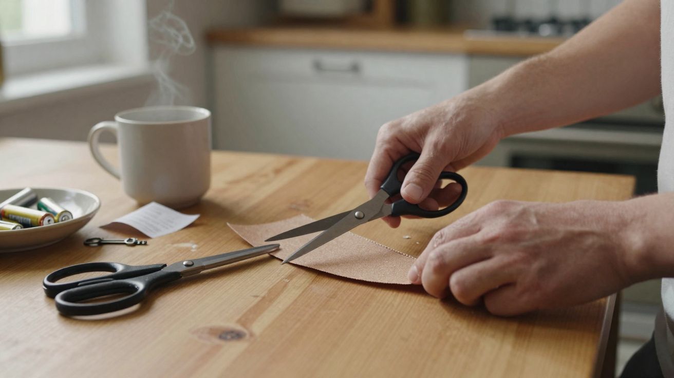 Mãos a cortar tecido bege com tesoura numa mesa de madeira, com chá e materiais de costura ao lado.
