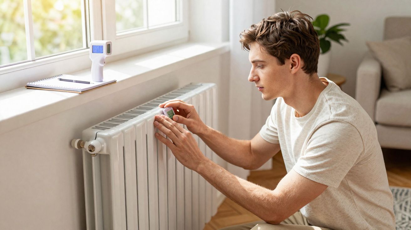 Homem ajusta termóstato de radiador num ambiente doméstico com termómetro de infravermelhos na janela.