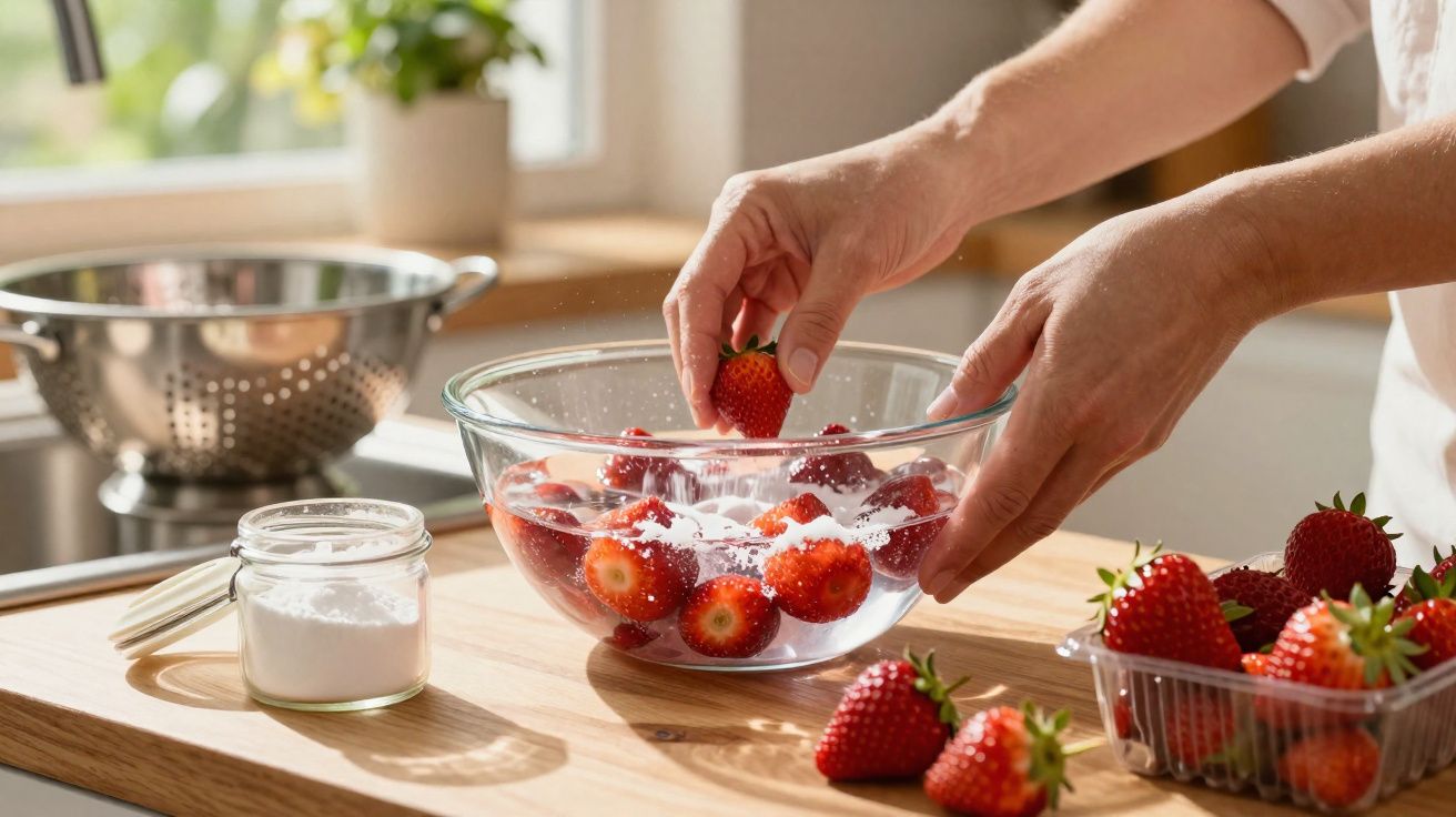 Mãos a polvilhar morangos com açúcar numa taça de vidro numa cozinha luminosa.