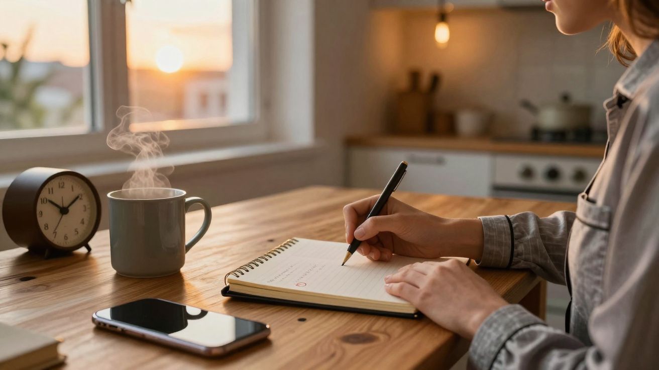 Pessoa a escrever num caderno numa mesa de madeira, com chá quente, telemóvel e relógio ao amanhecer.