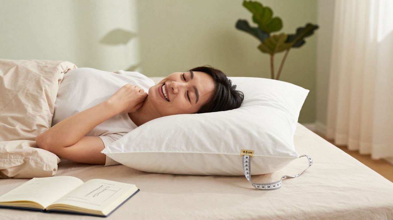 Mulher a descansar sorridente deitada numa cama com almofada branca e um livro aberto ao lado.