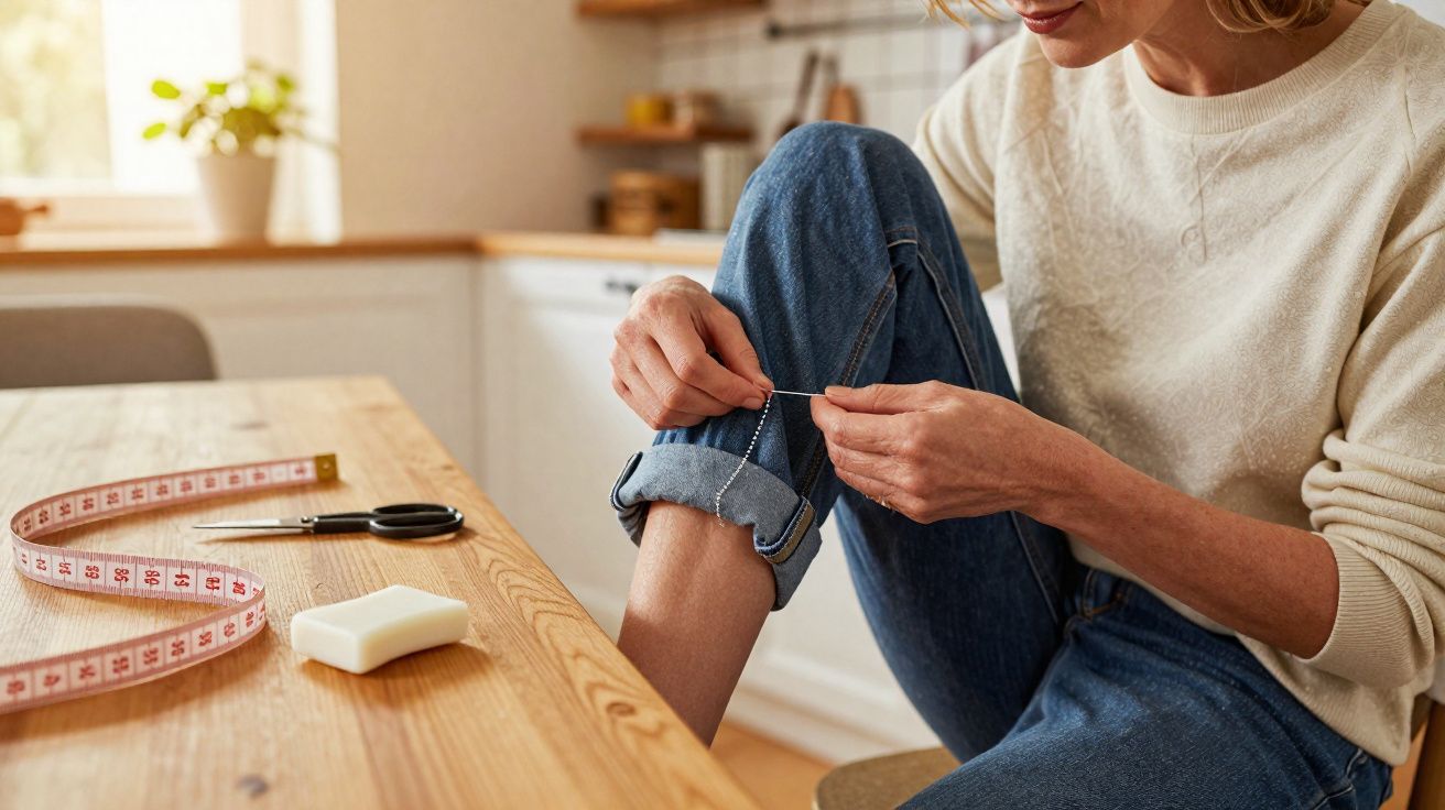 Pessoa sentada numa cozinha a unir um fio na bainha de uma calça de ganga, com fita métrica, tesoura e sabão à vista.