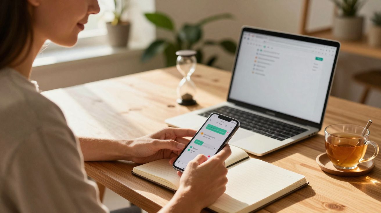 Pessoa a usar smartphone para enviar mensagens, com portátil, caderno e chá numa mesa de madeira.