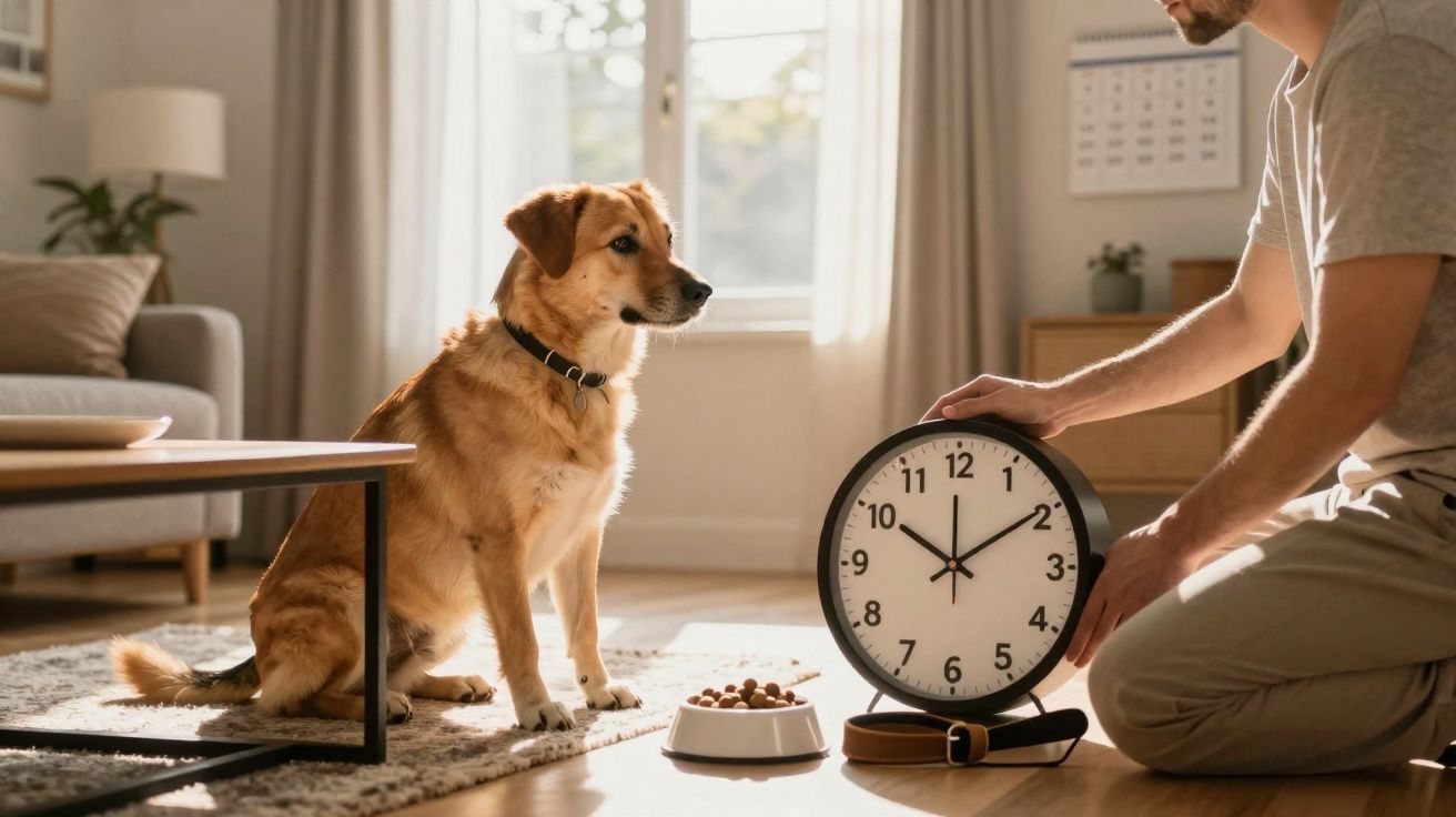 Homem ajoelhado segura relógio grande enquanto cão está sentado perto de uma tigela com comida numa sala iluminada.