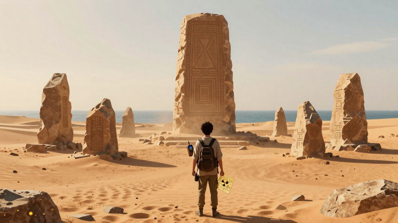 Pessoa com mochila observa monólitos antigos com inscrições misteriosas no deserto junto ao mar.