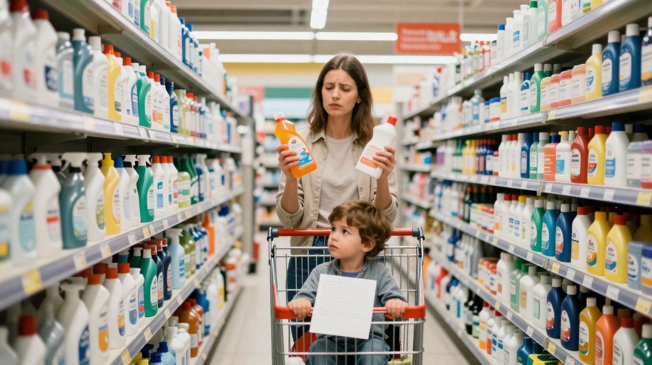 Mulher escolhe entre dois produtos de limpeza no supermercado com criança sentada no carrinho de compras.