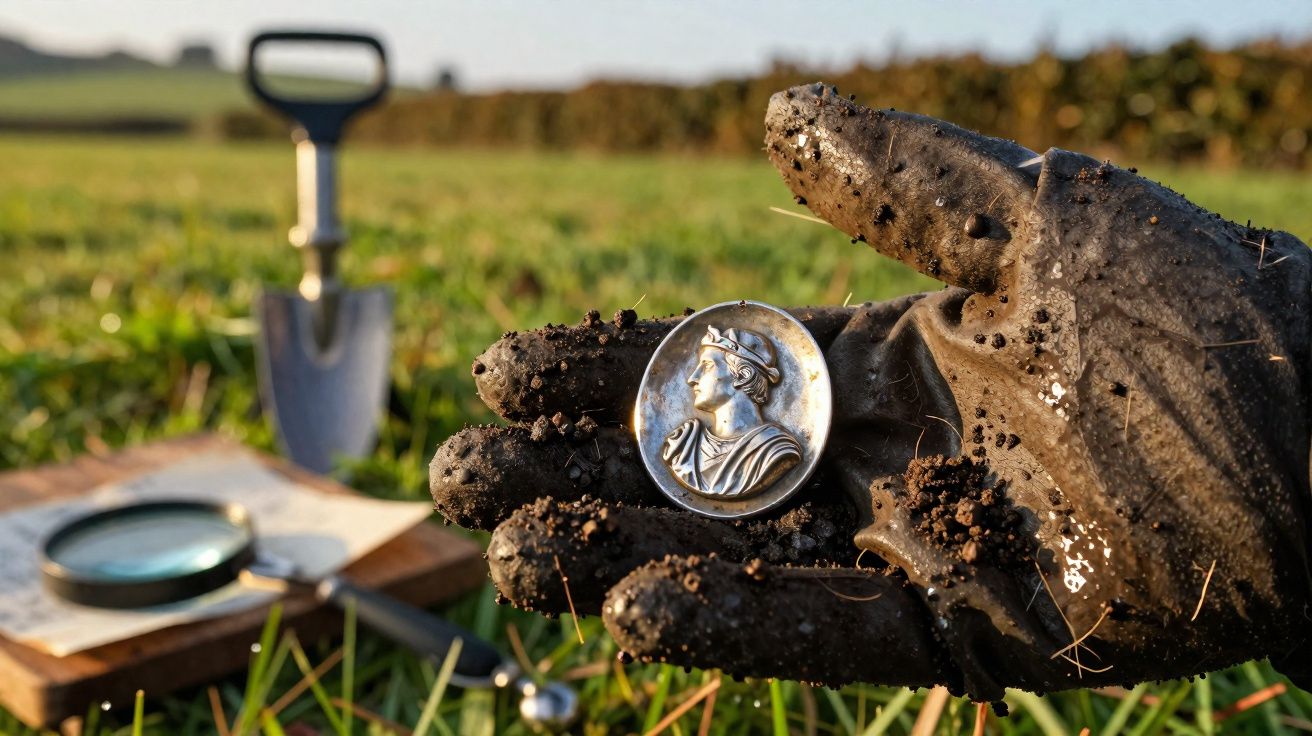 Mão com luva suja de terra segurando moeda antiga de prata, com pá e lupa no fundo num campo.