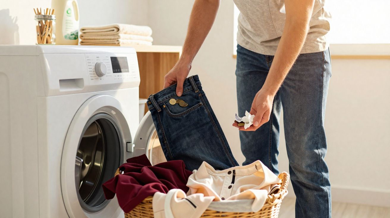 Pessoa a colocar roupa num cesto para a máquina de lavar num ambiente doméstico iluminado por luz natural.
