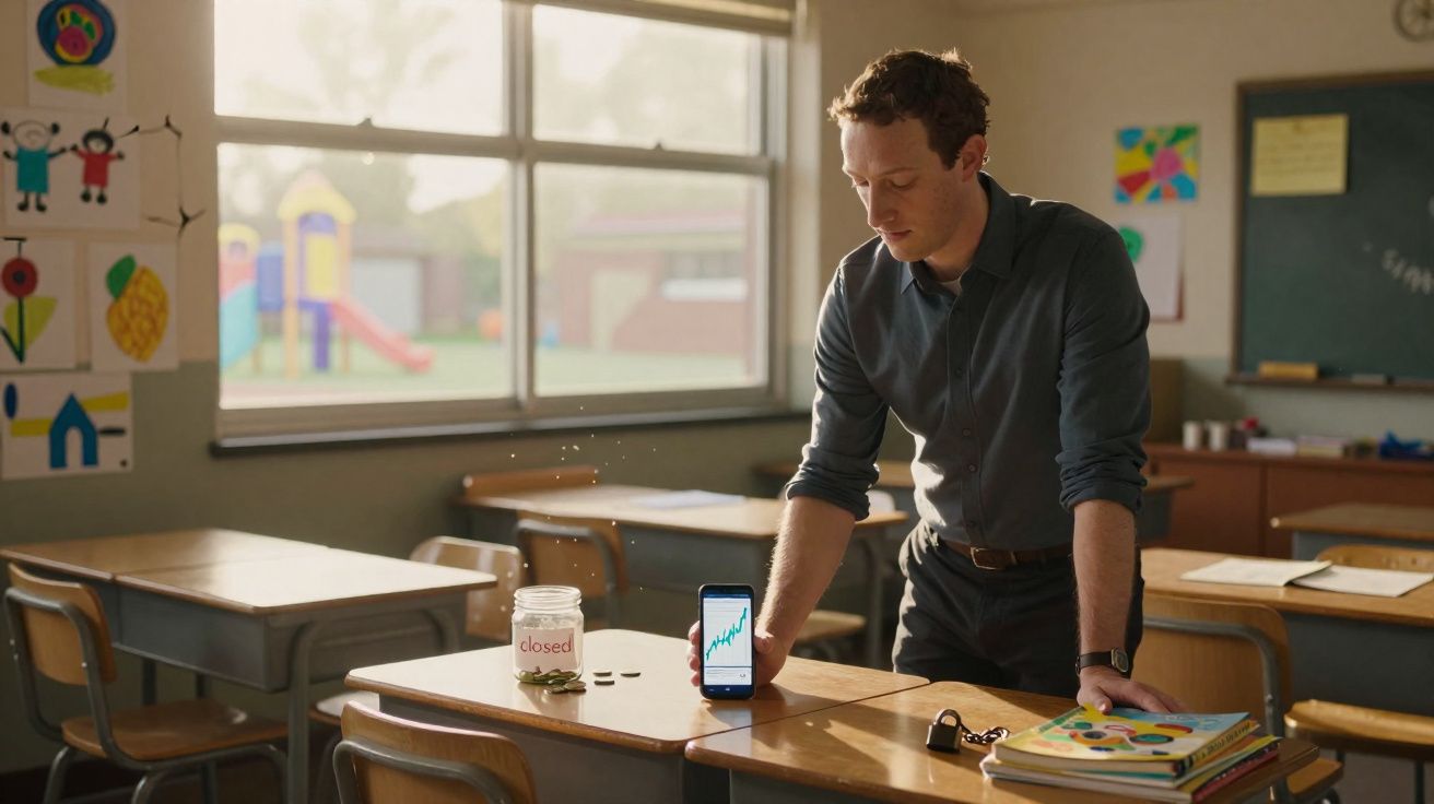Homem numa sala de aula mostra gráfica ascendente num smartphone sobre carteira e livro.