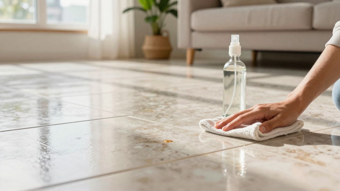 Mão a limpar chão de azulejos com pano branco e frasco de spray, numa sala com sofá e planta.