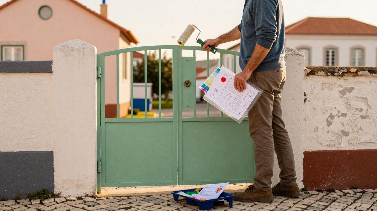Homem a pintar um portão verde com rolo, segurando amostras de tinta e documentos numa rua de calçada.