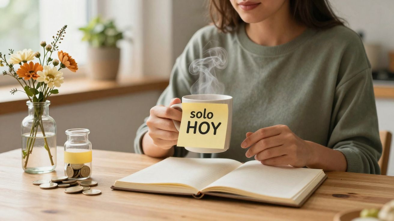 Pessoa a segurar chávena com nota "solo HOY", livro aberto e moedas numa mesa junto a vaso com flores.