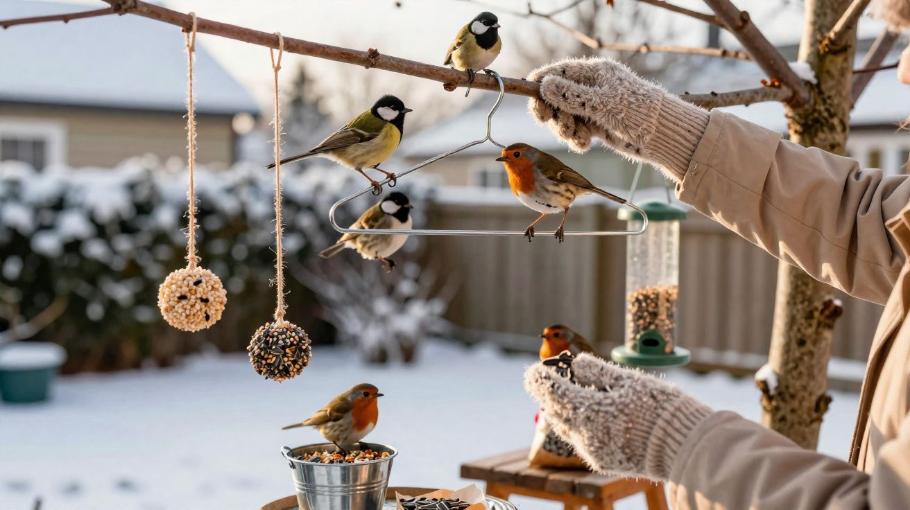 Mãos com luvas a alimentar pássaros, incluindo tentilhões e chapins, num cenário de inverno com neve.