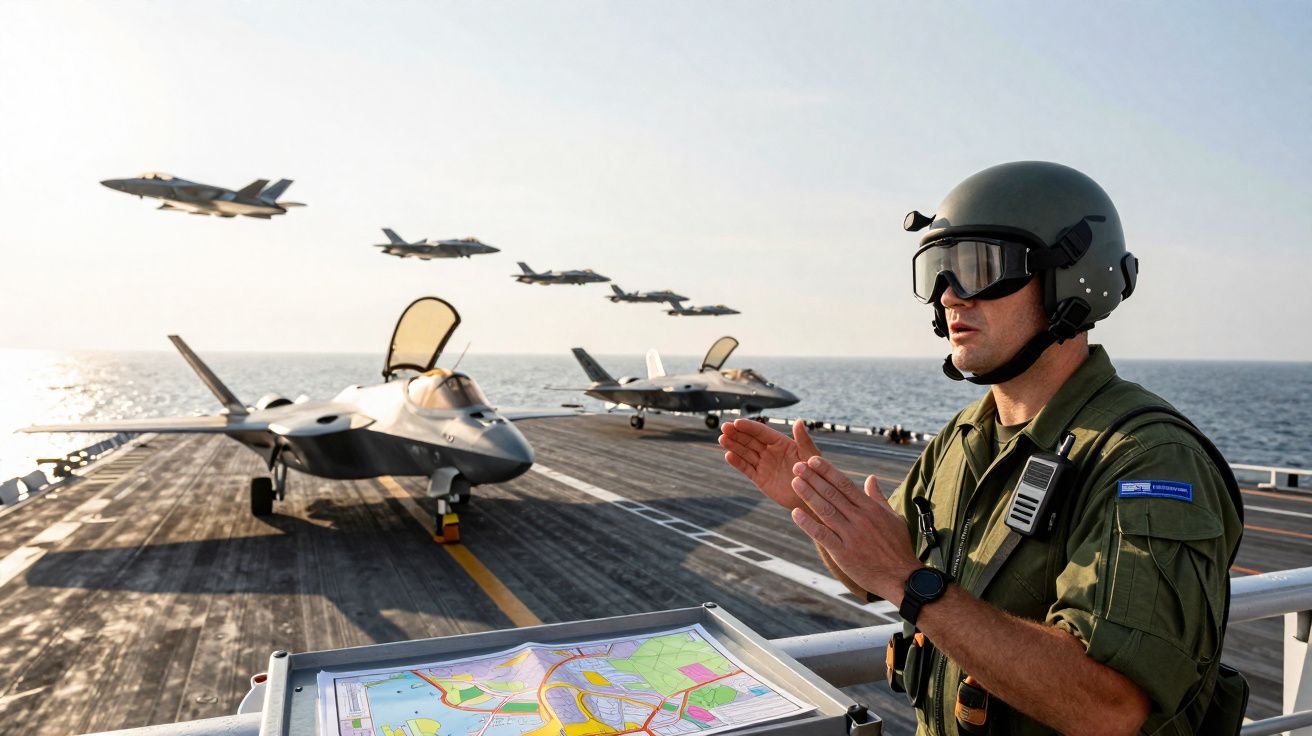 Soldado com capacete coordena voos de jatos militares em porta-aviões no mar ao pôr do sol.