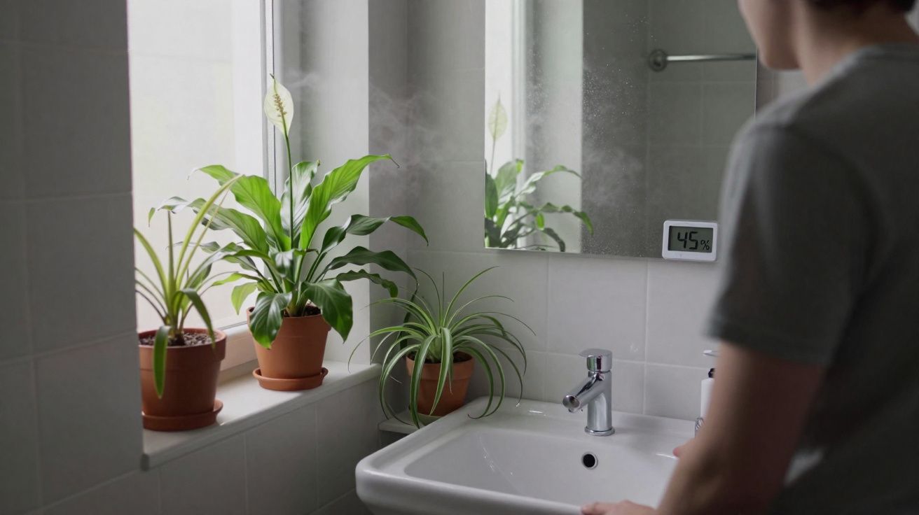 Pessoa em casa de banho com três plantas em vasos num peitoril e um medidor digital no espelho a indicar 45% de humidade.