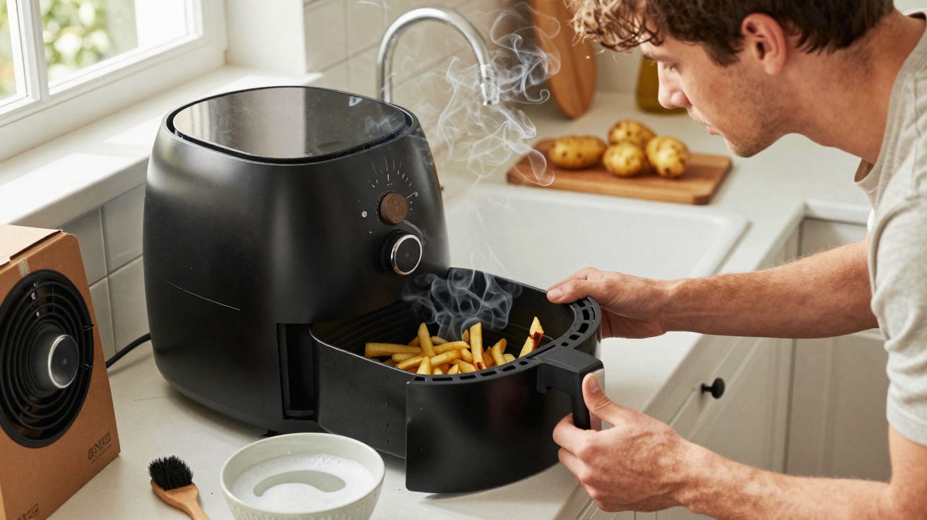 Homem a retirar batatas fritas quentes e fumegantes de uma fritadeira elétrica preta na cozinha.