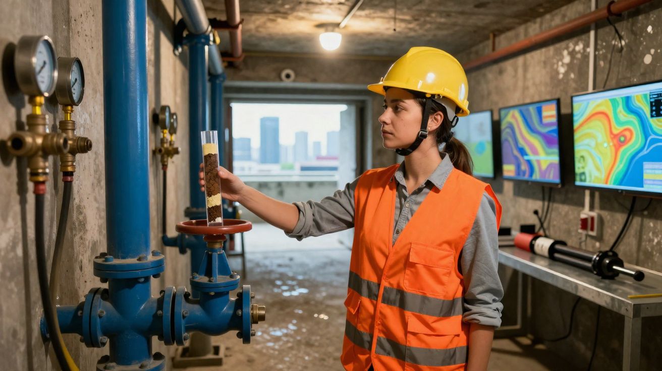 Mulher engenheira em colete e capacete amarelo analisa tubos e válvulas em sala técnica com monitorização ambiental.